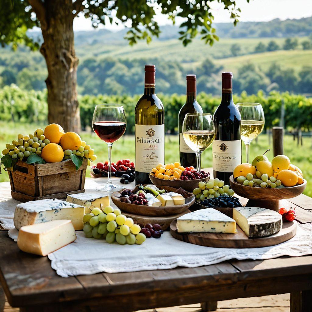 A beautifully arranged table featuring a variety of local Missouri wines in elegant glasses, accompanied by an assortment of vintage cheeses and fruits. Soft sunlight filters through surrounding greenery creating a warm, inviting atmosphere. Include a scenic view of the Missouri vineyards in the background, enhancing the sense of place and natural beauty. Add small decorative accents like rustic wooden crates and delicate flowers for a charming touch. super-realistic. vibrant colors. warm ambiance.