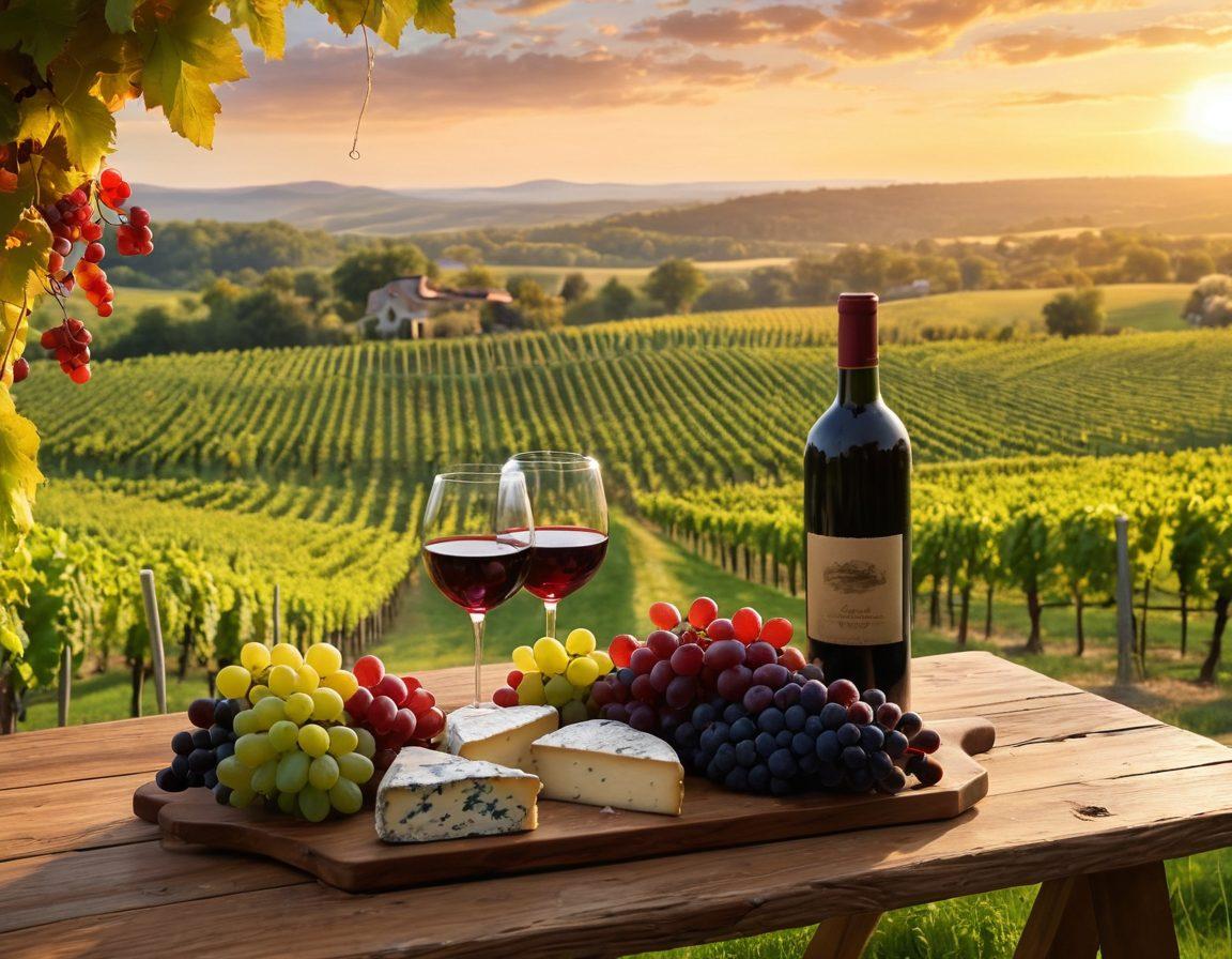A scenic vineyard in Missouri with rolling hills, lush grapevines loaded with ripe grapes, and a couple enjoying a wine tasting on a wooden table under a picturesque sunset. Include a wine glass filled with deep red wine, and a platter of local cheeses and grapes beside them. Capture a sense of warmth and joy in the moment. vibrant colors. super-realistic. serene atmosphere.