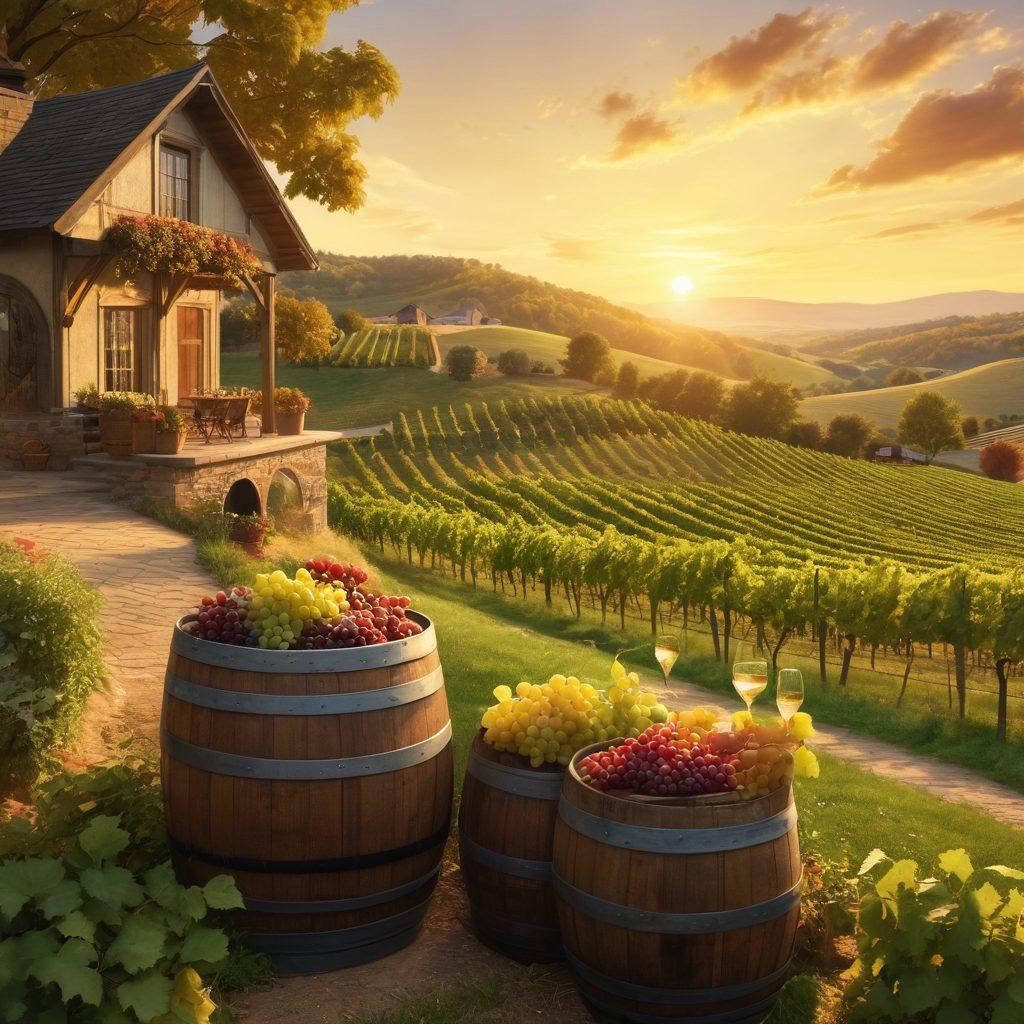 A picturesque vineyard landscape in Missouri at sunset, showcasing lush grapevines, clusters of ripe grapes, and a rustic wooden wine barrel. In the foreground, a diverse group of people clink their wine glasses, celebrating together. Add a scenic backdrop of rolling hills and a charming winery building, with warm golden light illuminating the scene. super-realistic. vibrant colors. 3D.